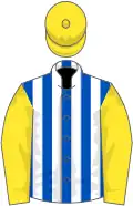 Royal blue and white stripes, yellow sleeves and cap