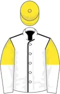 White, black seams, yellow and white halved sleeves, yellow cap