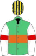 Emerald green, orange hoop, white sleeves, red armlet, dark blue and yellow striped cap
