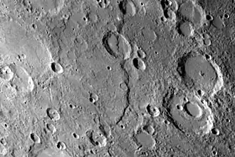 One of the most prominent lobate scarps (Discovery Scarp), photographed by Mariner 10 during its first encounter with Mercury.