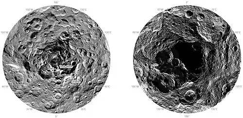 Ceres, polar regions (November 2015): North (left); south (right). The south pole is in shadow. "Ysolo Mons" has since been renamed "Yamor Mons."[74]