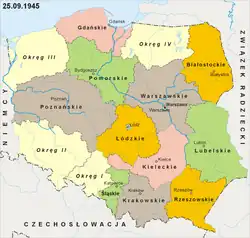 The administrative subdivisions of Poland in September 1945, including the Silesian Voivodeship.