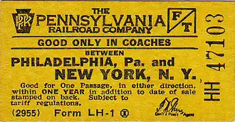 Yellow PRR Philadelphia to New York coach ticket circa 1955