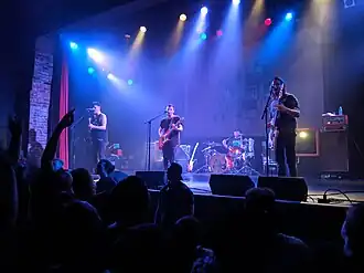 PUP performing at Bogart's in 2019. From left to right: Steve Sladkowski, Stefan Babcock, Zack Mykula, and Nestor Chumak