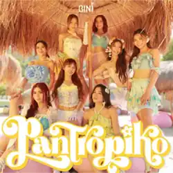 Eight girls under a thatched-roof hut, wearing pastel, floral outfits. "Pantropiko" is written in bold, yellow, swirled letters at the bottom, with "BINI" in small white text at the top.