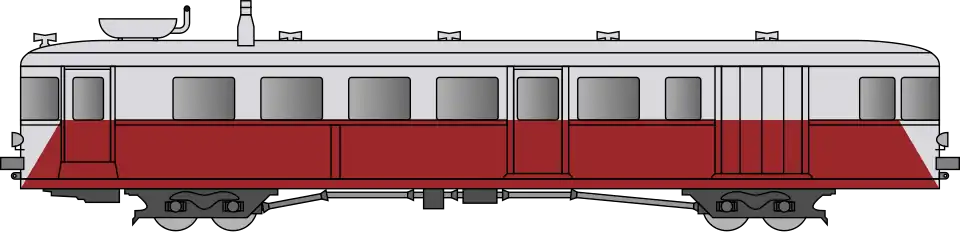 Railcar in ruby red and pearl gray livery.