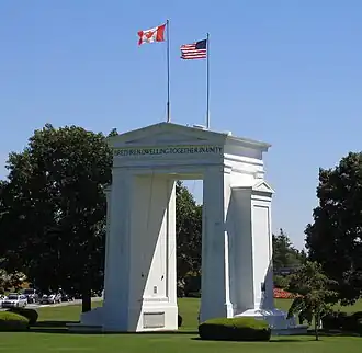 The Peace Arch at the Canada–United States border, the longest common border in the world