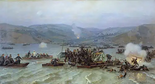 The Russian crossing of Danube near Zimnitsa on 15 June 1877, painted by Nikolai Dmitriev-Orenburgsky in Paris in 1883