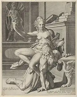 Phyllis and Aristotle, Jan Sadeler after Bartholomeus Spranger, engraving, 16th century