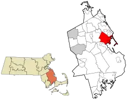 Location of Duxbury in Massachusetts (left) and in Plymouth County (right)