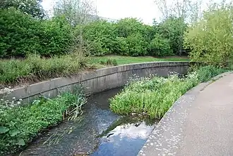 In contrast, a channelized part of the River Ravensbourne, with deliberate gravel shoals and plantings in its bed to make the flow meander and slow it down. This is cheaper than demolishing the concrete (see images below). The adjacent park also acts as a floodplain.[2][3]