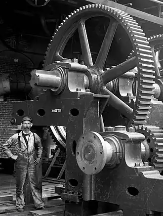 The Poole & Hunt ironworks in Baltimore, Maryland, produced gears in a remarkable variety of sizes and types. This rare photo also shows one of the workmen at the ironworks. Photographer and workman are unknown. Date c. 1900