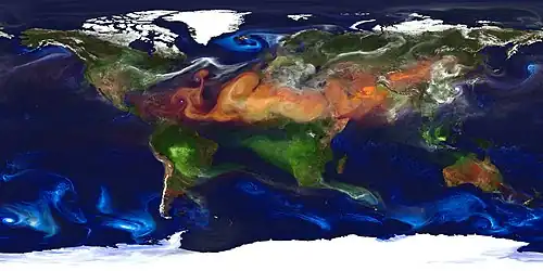High resolution map showing wildfire smoke and desert dust over Africa and the Atlantic, sea salt particles in cyclones over the world ocean and sulphate particle pollution from industrial sites over Europe, North America and China