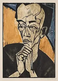Erich Heckel, Portrait of a Man, 1918, color woodcut, over zincograph, in green, blue, ochre and black on paper [6]