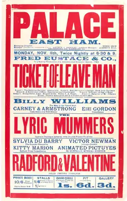 A poster advertising a play named "Ticket-of-Leave Man" and other entertainments