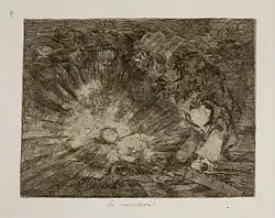 A woman lies dead, demons dance, spectres watch and celebrate; men pray and wring their hands in grief; while shafts of powerful light emanate and shine from her corpse/body or will she rise to live again, perhaps she is not quite dead yet.