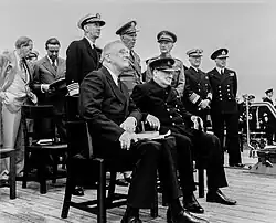 Roosevelt and Winston Churchill aboard HMS Prince of Wales for 1941 Atlantic Charter meeting