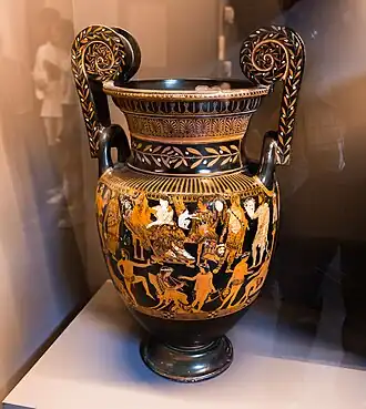 Ancient Greek leaf-and-dart painted (right under the egg-and-dart lip) on the Pronomos Vase, c.410, ceramic, National Archaeological Museum, Naples, Italy[6]