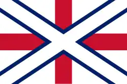 One early proposal for the Union Jack, consisting of a white St Andrew's saltire with blue fimbriation superimposed over a red St George's cross on a field of white