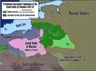 The territories of the General Confederation of the Kingdom of Poland, including the Duchy of Warsaw, and the Lithuanian Provisional Governing Commission, at their territorial peak in 1812.