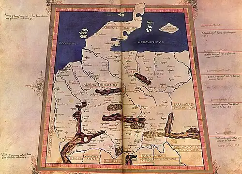 Ptolemy's map of Magna Germania from the early 2nd century. Treva appears in the middle of the northwest quadrant, just north of the river Elbe, and south of the tribal region labelled "Saxones".