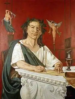 A painting of a man in a toga, looking forward and smiling; he is holding a writing utensil.