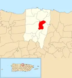 Location of Río Abajo within the municipality of Vega Baja shown in red