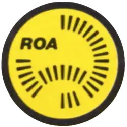 Stylized map of Australia consisting of black railway sleepers, with "ROA" in upper case black lettering, all in a black circle and with a yellow background within the circle