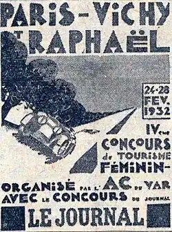 Poster with a racing car and the French words "Paris Vichy St.Raphael – 24–28 Fev. 1932 – IVieme concours de tourisme feminin"