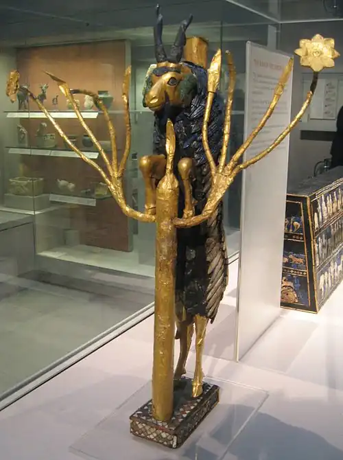 Ram in a Thicket; 2600–2400 BC; gold, copper, shell, lapis lazuli and limestone; height: 45.7 cm; from the Royal Cemetery at Ur; British Museum