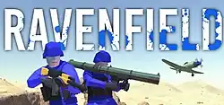 The large white text saying "Ravenfield" is spotted with blue. A blue soldier with assault rifle, another soldier with rocket launcher, and propeller plane are in the front of the title while the desert is in the background.