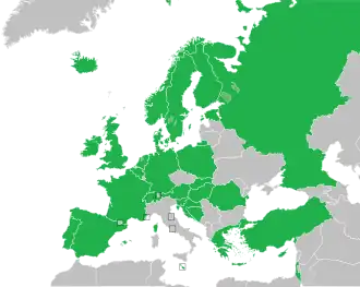 Map of countries in Europe, North Africa and Western Asia showing boundaries in 1994; contest participants in 1994 are coloured in green