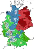 Religion in Germany. Blue represents majority-Protestant regions, green represents majority-Catholic regions, and red represents majority-irreligious regions.