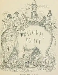 A group of men sitting on an elephant. The elephant has the phrase "National Policy" on their side