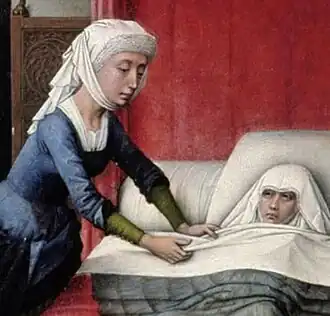Nurse attending John's mother Elizabeth in the left-hand panel