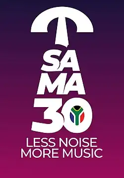 Logo of the South African Music Awards statuette placed on top of a text of SAMA 30. With a dark violet background, the flag of South Africa is placed inside of the letter "O."