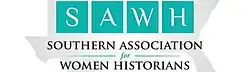 SAWH – Southern Association for Women Historians – against background of map of southern states in U.S.