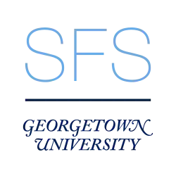 The capital letters SFS in a sans-serif font in a sky blue color above a navy dividing bar, below which has Georgetown University spelled in all capitals, a swash serif font, and navy color.