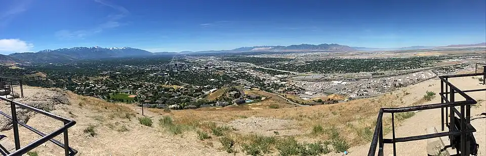 Image of Salt Lake Valley from Ensign Peak, roads, buildings and mountains are visible