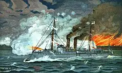A watercolor illustration of a large ship firing its guns at sea, with the land in the background on fire