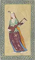Qajar-era portrait (in Safavid style) of a female musician playing a tar.