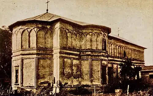 Saint John the Great Monastery, where is now the CEC Palace, Bucharest, built initially before 1591, highly modified in 1703 during the reign of Constantin Brâncoveanu, demolished in 1875. Ornaments from the construction of 1703 are preserved in the lapidary of the Stavropoleos Monastery[60]