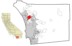 Location of San Marcos in San Diego County and the state of California. (The white portion in the southwestern quadrant is unincorporated Lake San Marcos.)