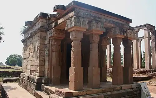 A tetrastyle prostyle Gupta period temple at Sanchi besides the Apsidal hall with Maurya foundation, an example of Buddhist architecture and Hindu architecture.[178][failed verification][179][180] 5th century CE.