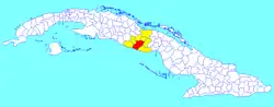 Sancti Spíritus municipality (red) within Sancti Spíritus Province (yellow) and Cuba