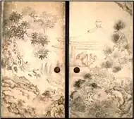 A pavilion with two people in a landscape