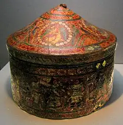 Sarira casket from Subashi. Wood covered with hemp and painted. 6th-7th century. Otani Collection. Tokyo National Museum.