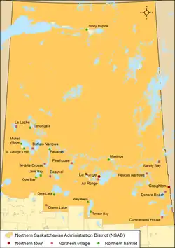 Map of northern municipalities by type in Saskatchewan as of 2013