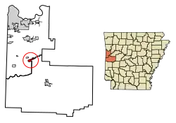 Location of Mansfield in Scott County and Sebastian County, Arkansas.