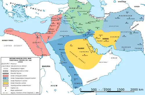 Map of the Caliphate and the various factions of the Second Muslim Civil War